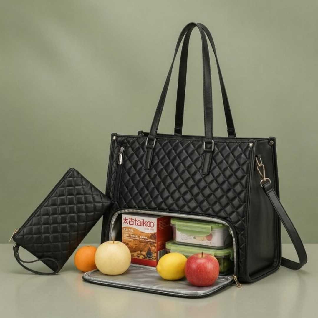 Premium Women's Lunch Tote & Matching Pouch Set – Black, Maroon, Cream & Pink
