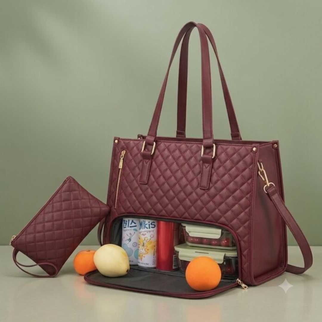 Premium Women's Lunch Tote & Matching Pouch Set – Black, Maroon, Cream & Pink
